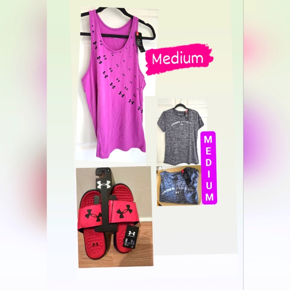 Under Armour Pink Tank Top Gray Shirt and Red Slides Sandal